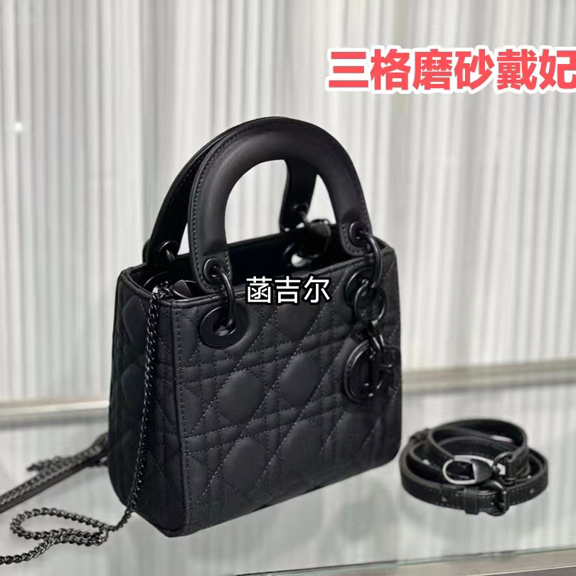 菡吉尔lady三格戴妃包磨砂黑迷你四格五格真皮链条手提斜挎单肩包