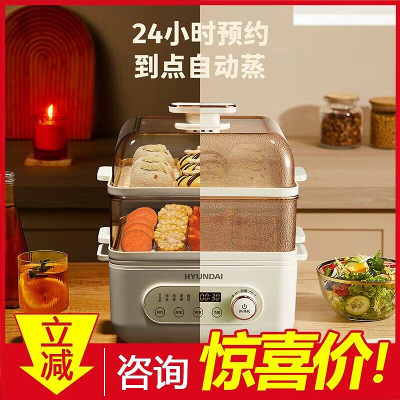 韩国现代电蒸锅多功能家用三层蒸新款笼预约早餐机电蒸锅家用2025