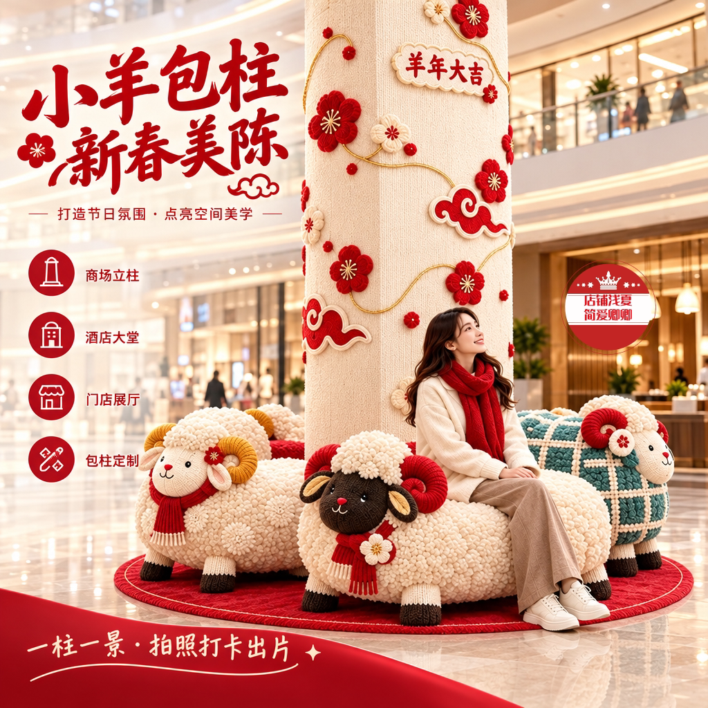 2027羊年元旦春节毛线毛绒卡通羊梅花柱子美陈商场中庭酒店布置