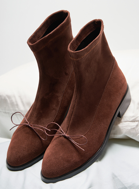 SugerFuFu原创设计手工制作 秋冬板栗棕文艺牛反绒时装粗跟短靴