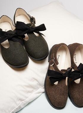 SugerFuFu设计 手工制作 人字纹毛呢大蝴蝶结秋冬大圆头玛丽珍