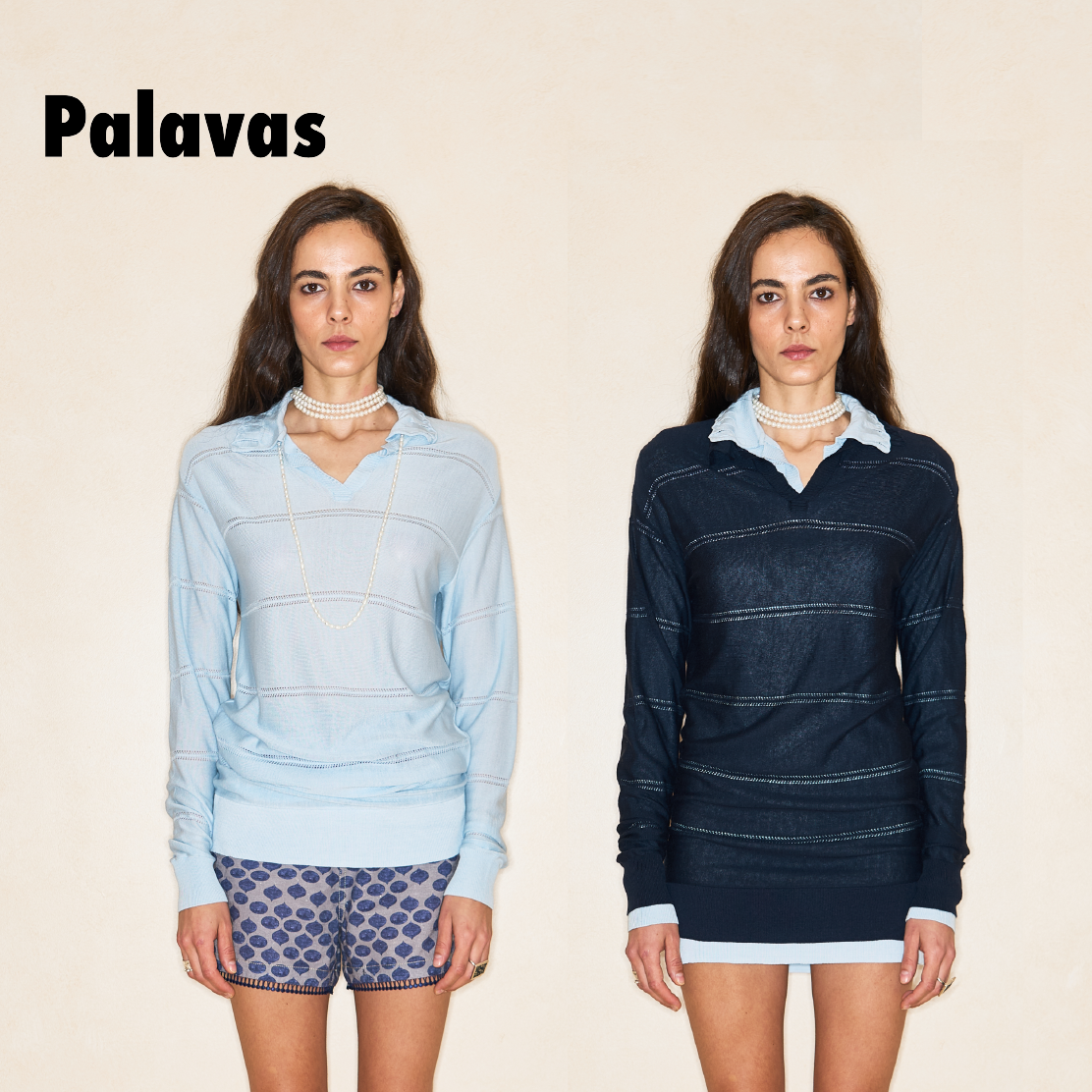 新品PALAVAS布拉瓦海岸针织上衣蕾丝镂空休闲舒适长袖POLO衫女