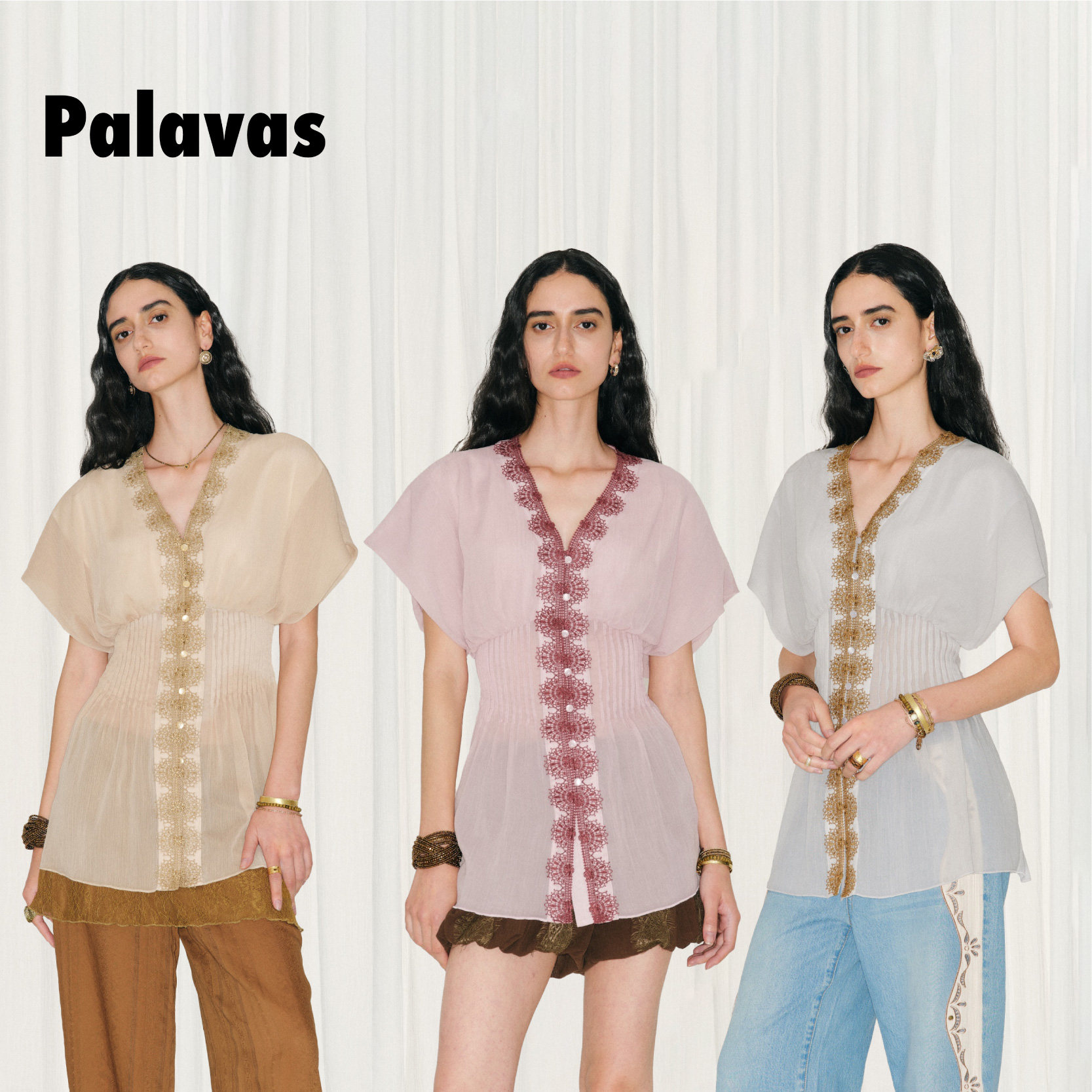 PALAVAS26春夏新款纱丽的祈祷上衣度假风V领蕾丝雪纺衫女花边衬衫