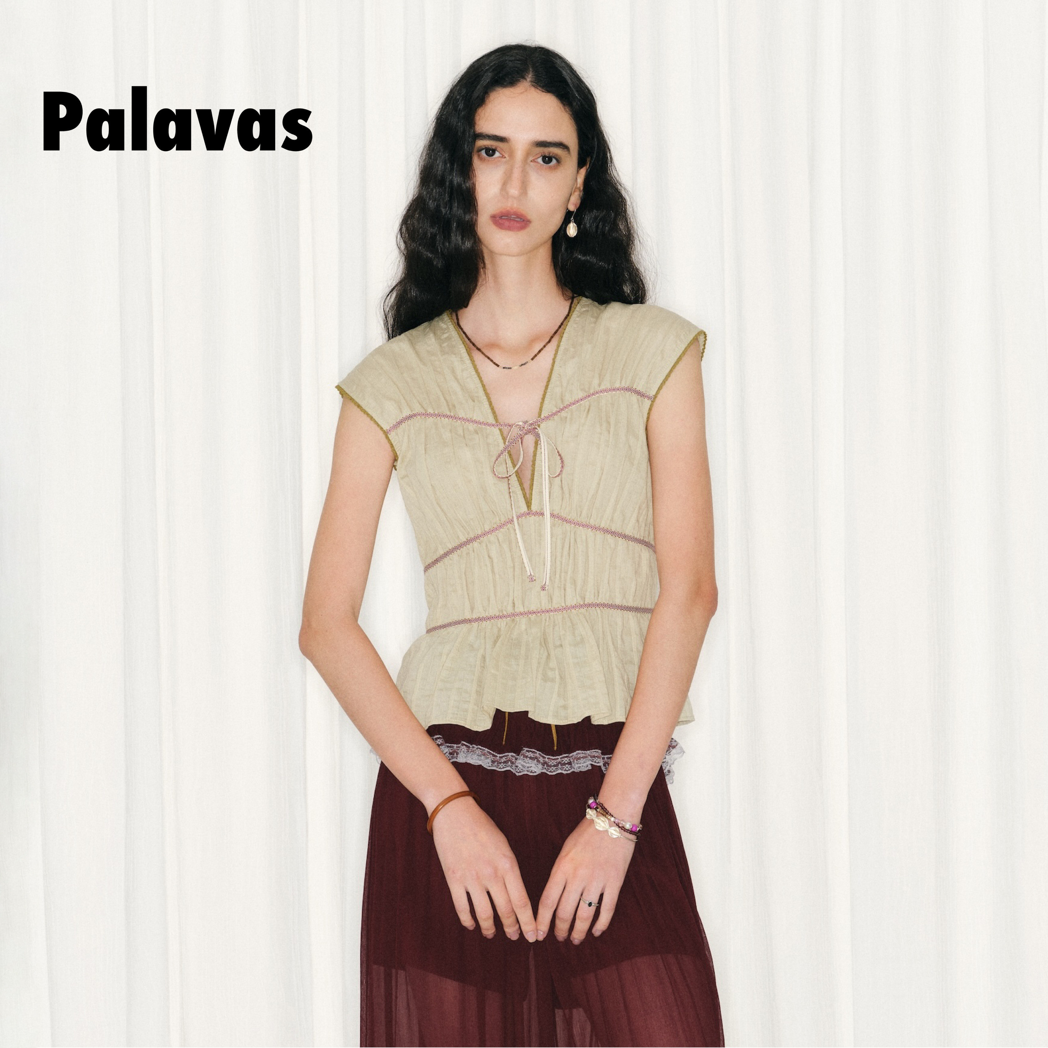 Palavas26春夏新款菩提之诗上衣法式V领系带短袖衬衫女小众百搭