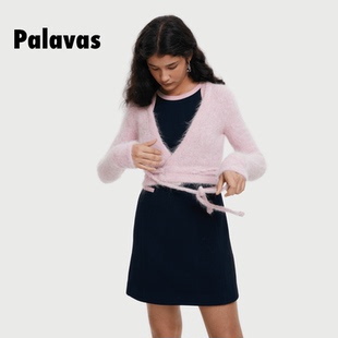 palavas糯粉柔灰麻花系带开衫羊驼毛修身针织开衫V领毛绒毛衣原创
