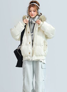 情侣新款连帽毛领羽绒棉服女款冬季小个子面包服宽松大码厚外套
