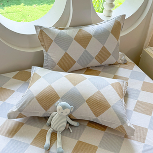 2026新全棉黄灰色菱格印花单件AB版枕套纯棉斜纹四季棉布枕芯套子