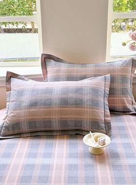 2026新秋冬全棉A类加厚玉粉灰色方格子AB版枕套磨毛单品枕芯套子