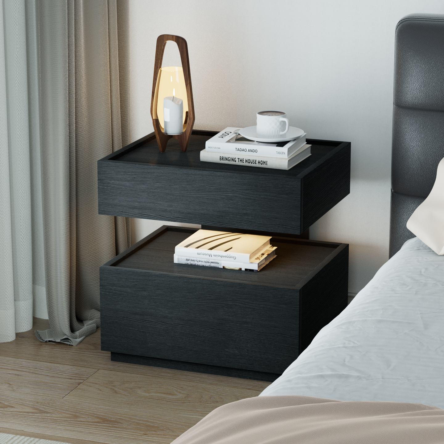 XBH意式极简床头柜带灯一体悬浮式床边柜轻奢高级感主卧室储物柜