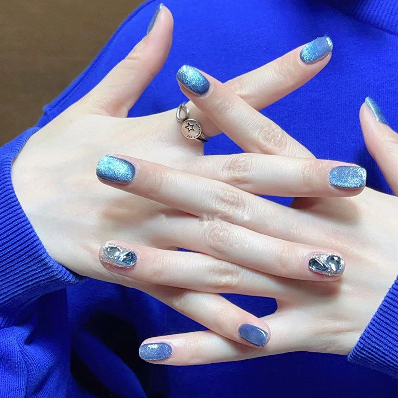 浩瀚星空纯手工穿戴甲镶钻蓝色猫眼美甲贴片成品高级感可拆卸甲片