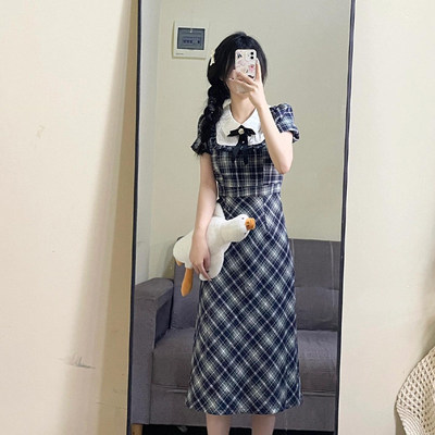 法式学院风复古格子连身