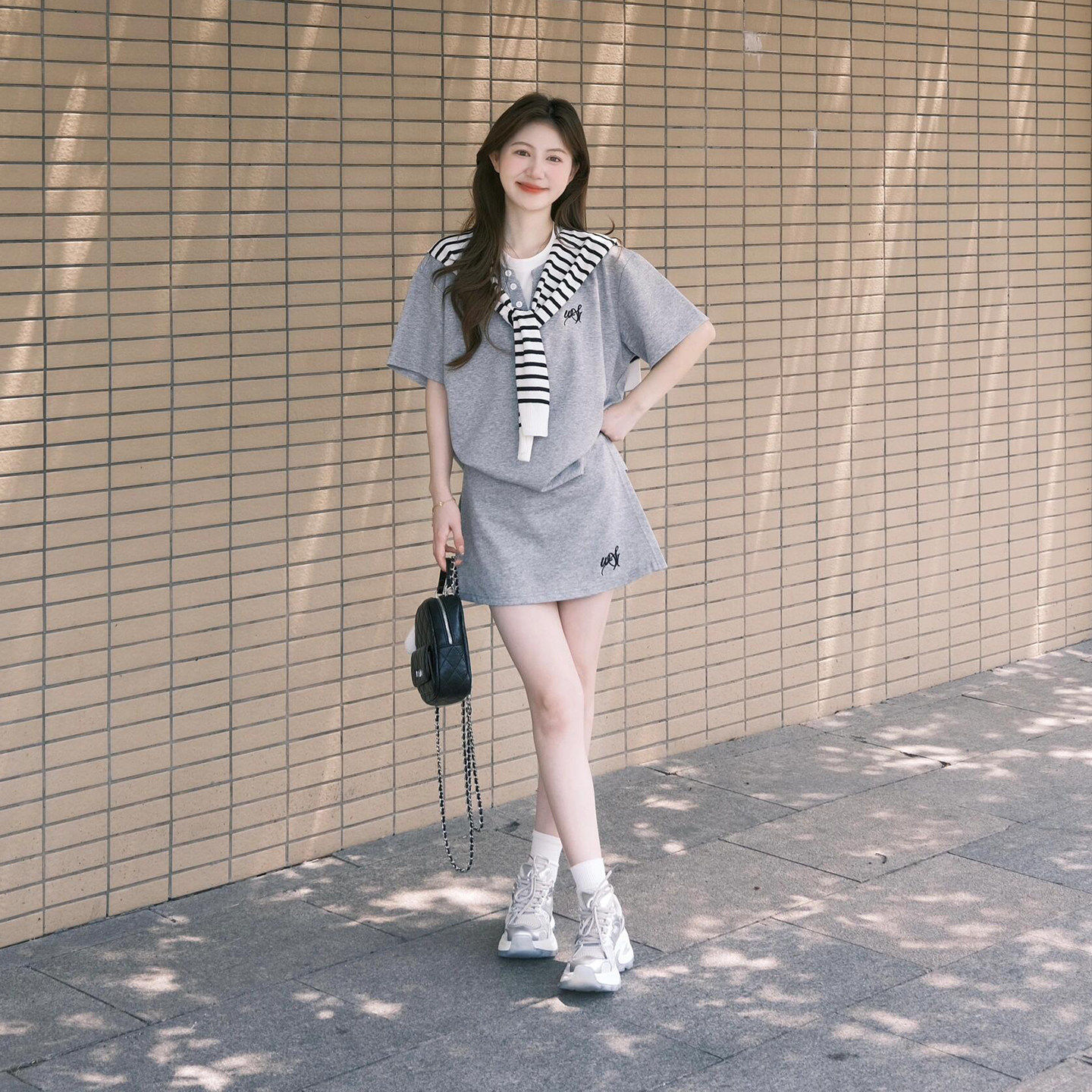 韩版学院风短袖短裙披肩套装女夏季学生显瘦休闲时尚穿搭三件套