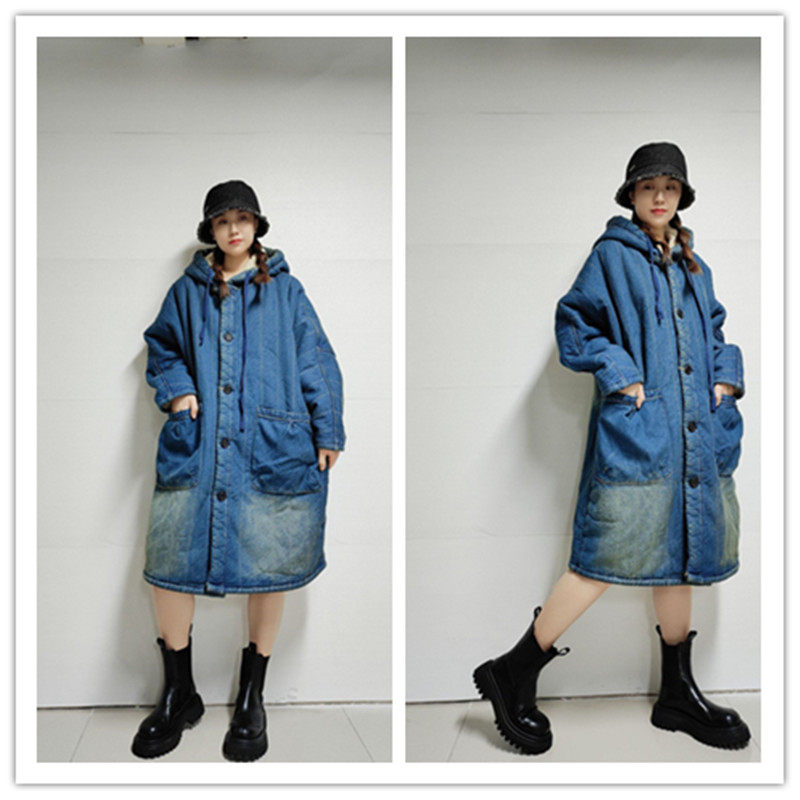 夹棉长款宽松保暖连帽棉服棉衣