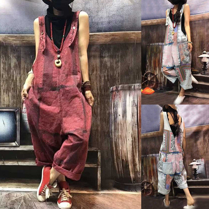 复古牛仔九分裤可调节连体裤