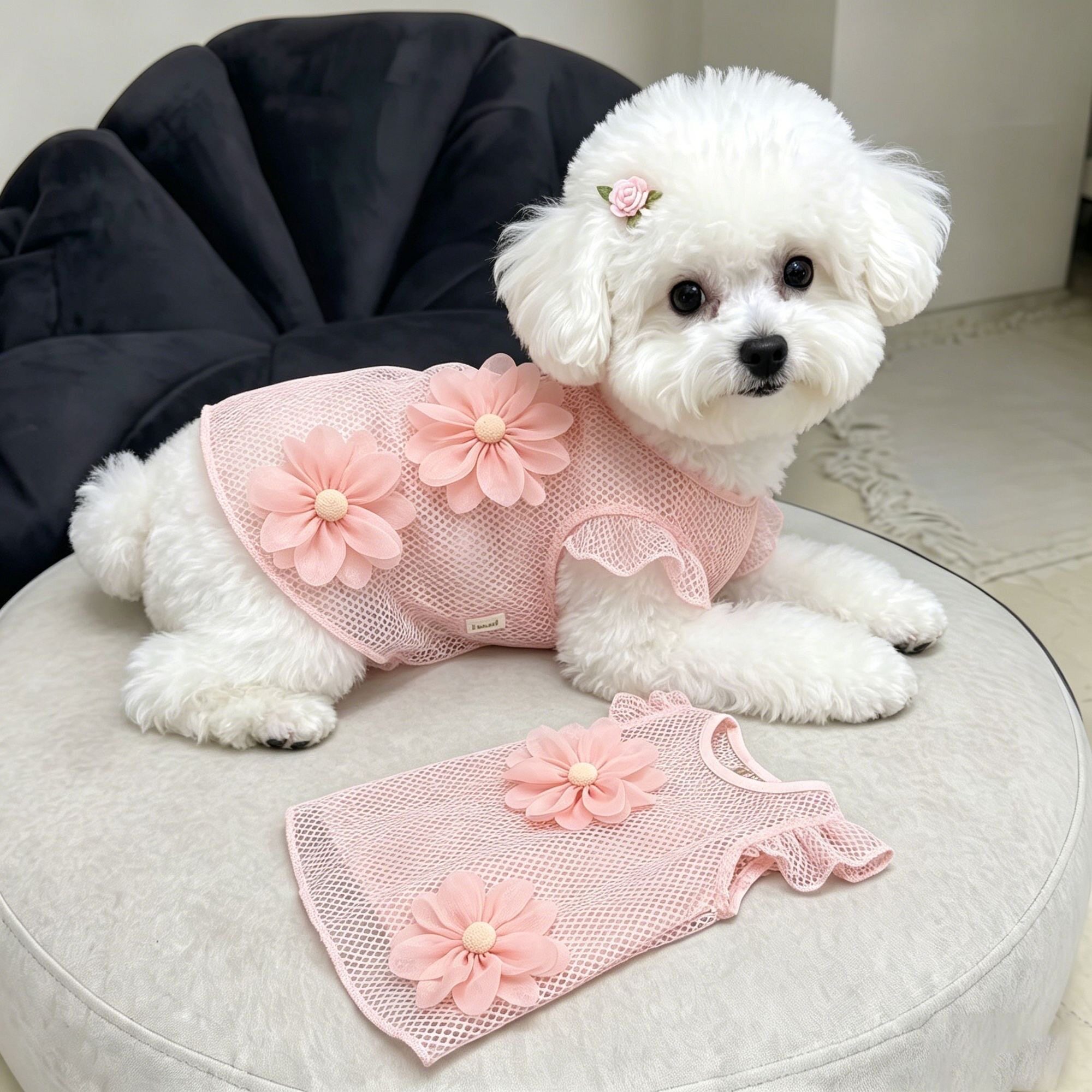 宠物粉色花朵网纱连衣裙夏季薄款小型犬狗狗泰迪比熊透气可爱衣服