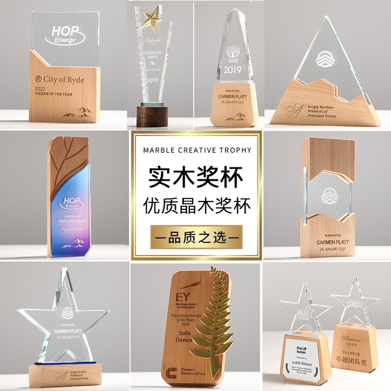 实木水晶奖杯定制定做创意优秀员奖杯/奖章/奖状/证