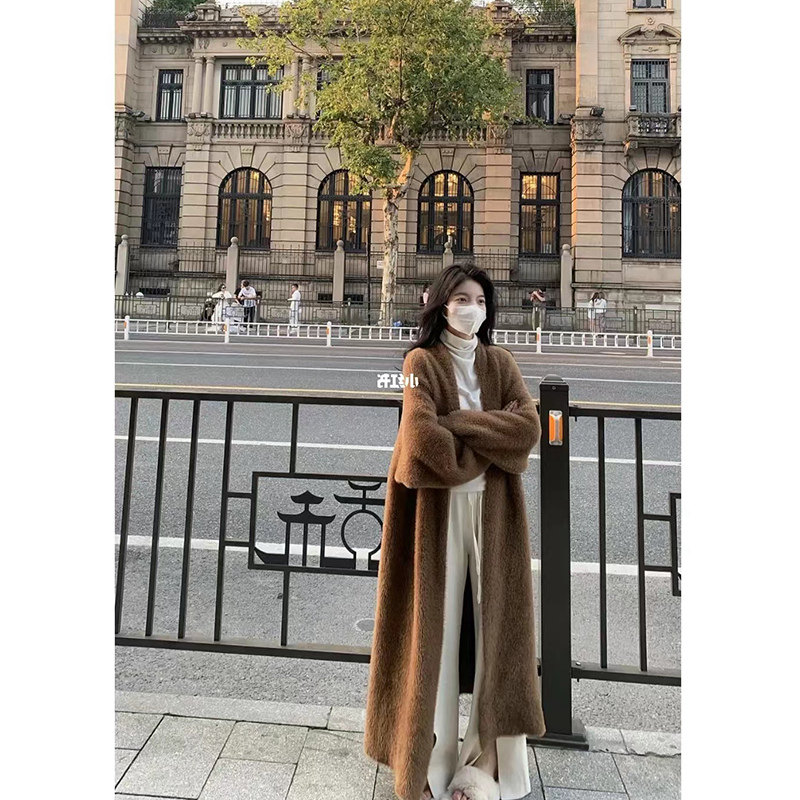 秋冬仿水貂绒针织开衫毛衣外套女温柔软糯中长款高级宽松慵懒加厚