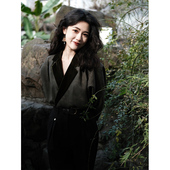 黑色千鸟格V领衬衫 女长袖 高级小香别致冷淡风上衣阔腿裤 法式 套装