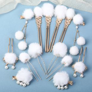 冬季毛绒球汉服头饰流苏发夹儿童边夹 毛球发饰古风发簪U钗发钗女