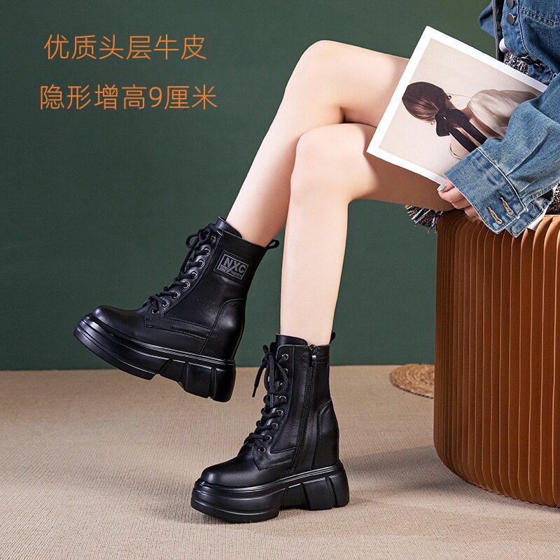 内增高真皮马丁靴女2025秋冬新款高跟小短靴松糕厚底圆头罗马靴子