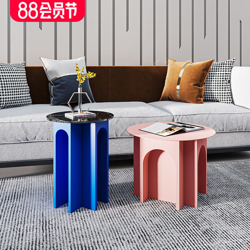 客厅沙发边几轻奢茶几圆形大理石茶桌家用角几小户型金属边柜蓝色