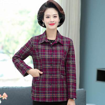 中老年女装秋冬加棉衬衫格子外套时尚老年人妈妈秋装加厚保暖衬衣