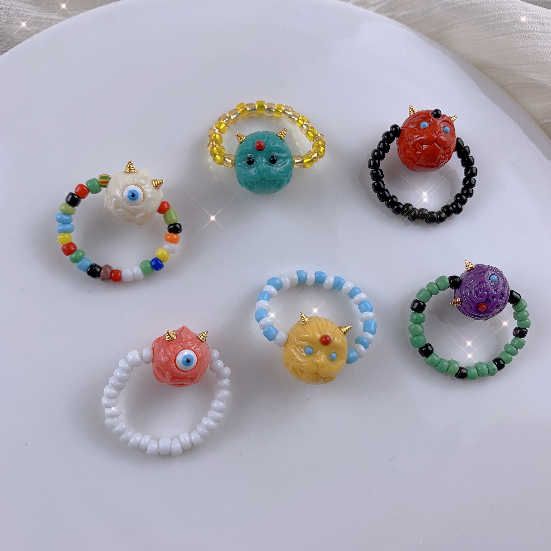 可爱编珠小恶魔彩色小怪兽戒指配珠个性时尚户主恶魔灵宠尾戒