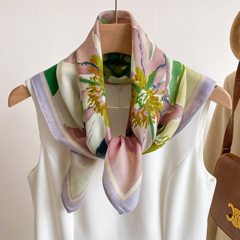 国风百合花70棉麻小方巾丝巾女春秋夏季小领巾头巾围巾田园风发带
