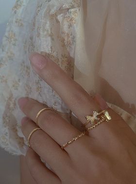 素圈蝴蝶戒指套装组合女简约冷淡风开口可调节食指戒时尚个性