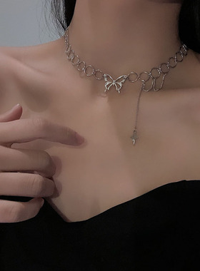 镂空小众设计感蝴蝶结个性冷淡风格锁骨链ins嘻哈气质简约项链女