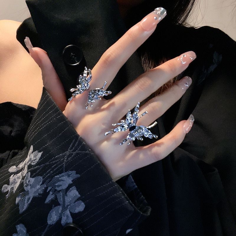 银色液态蝴蝶开口戒指女小众设计高级感情侣食指尾戒时尚个性