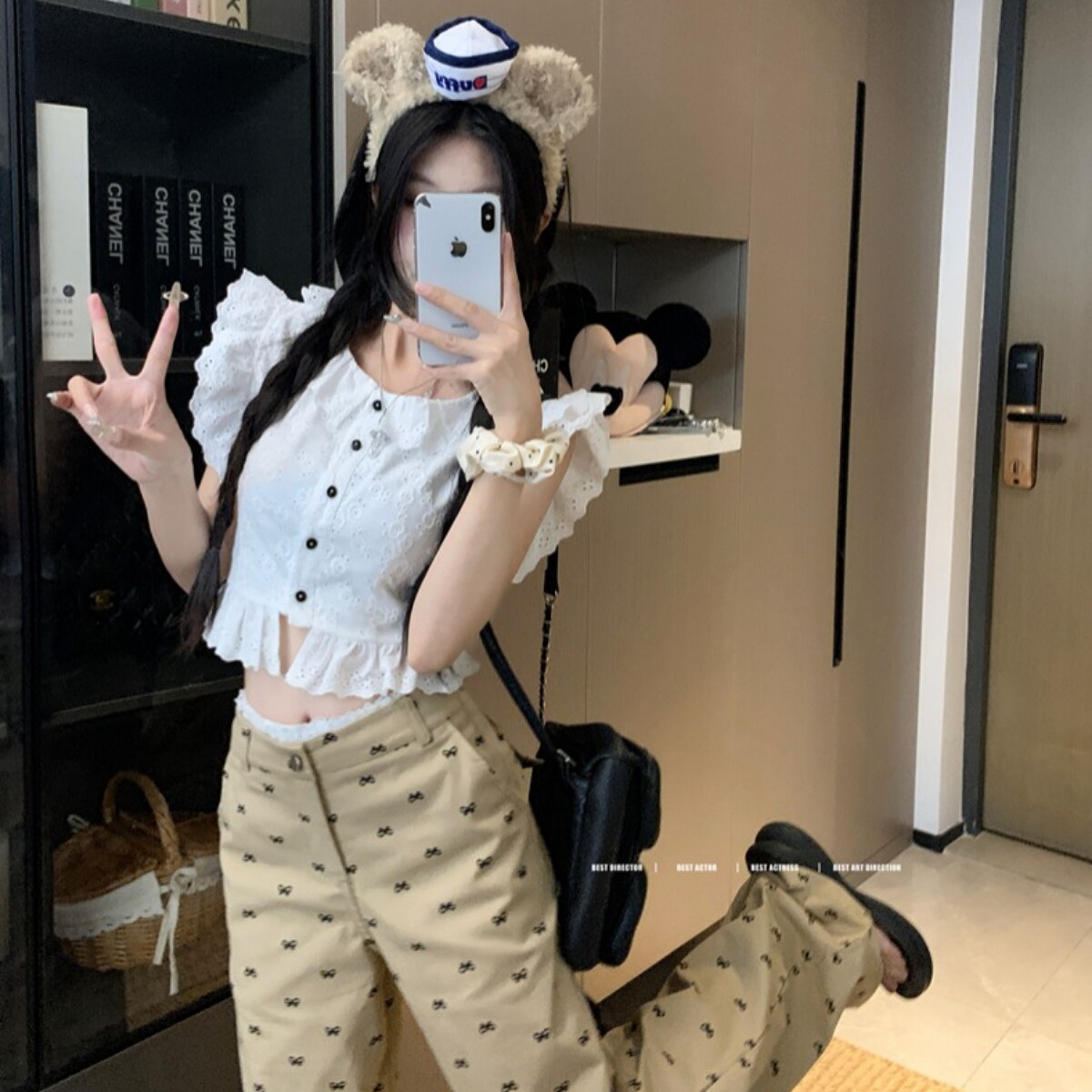 实拍 甜美辣妹白色短款镂空衬衫上衣女夏季复古休闲阔腿长裤