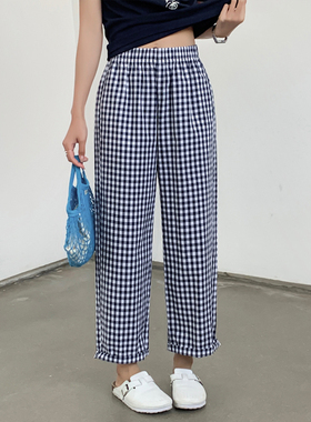 2025夏季新款蓝白格子休闲直筒裤松紧腰复古小格子休闲裤nv88087