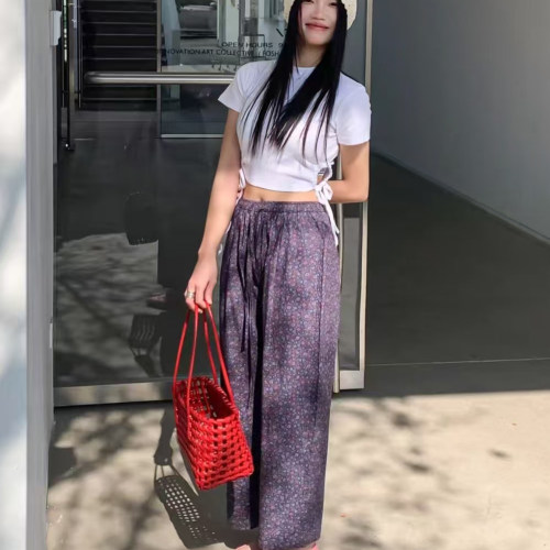 nv休闲薄料小碎花九分女裤松弛感轻奢直筒裤高腰百搭花裤子88071