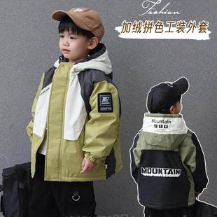 儿童拼色加绒工装外套2025冬季新款童装男童日系帅气拼接冲锋衣潮