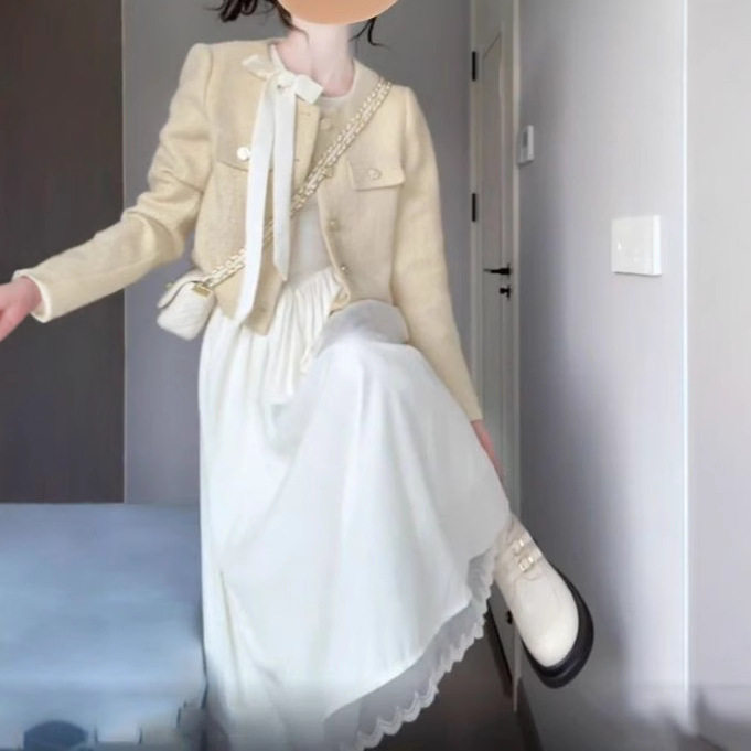 法国cherrykoko套装女年春秋季气质甜美显瘦小香风短外套+连衣裙