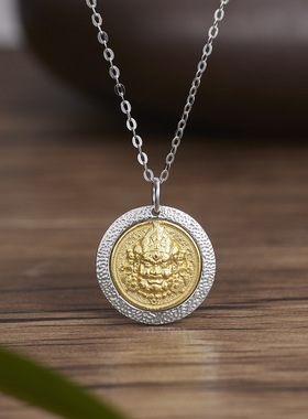 法国coss kokos925银黄财神复古描金圆牌中国风秋冬毛衣链锤纹吊
