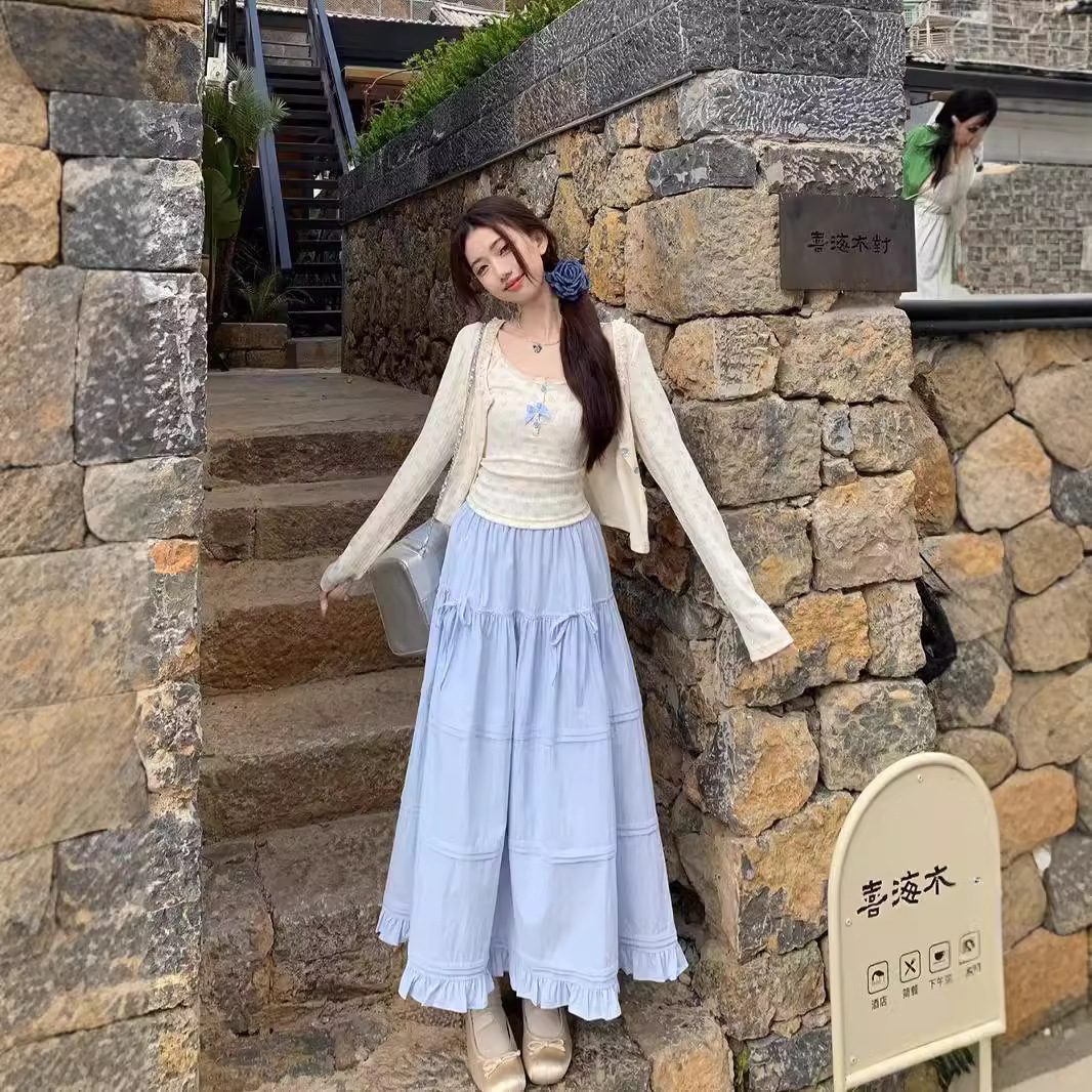法国cherrykoko茶系穿搭套装女春秋纯欲温柔碎花蕾丝开衫吊带
