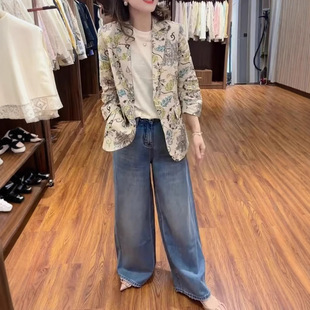 法国coss koko春季新老钱风印花西服外套宽松牛仔裤显瘦女