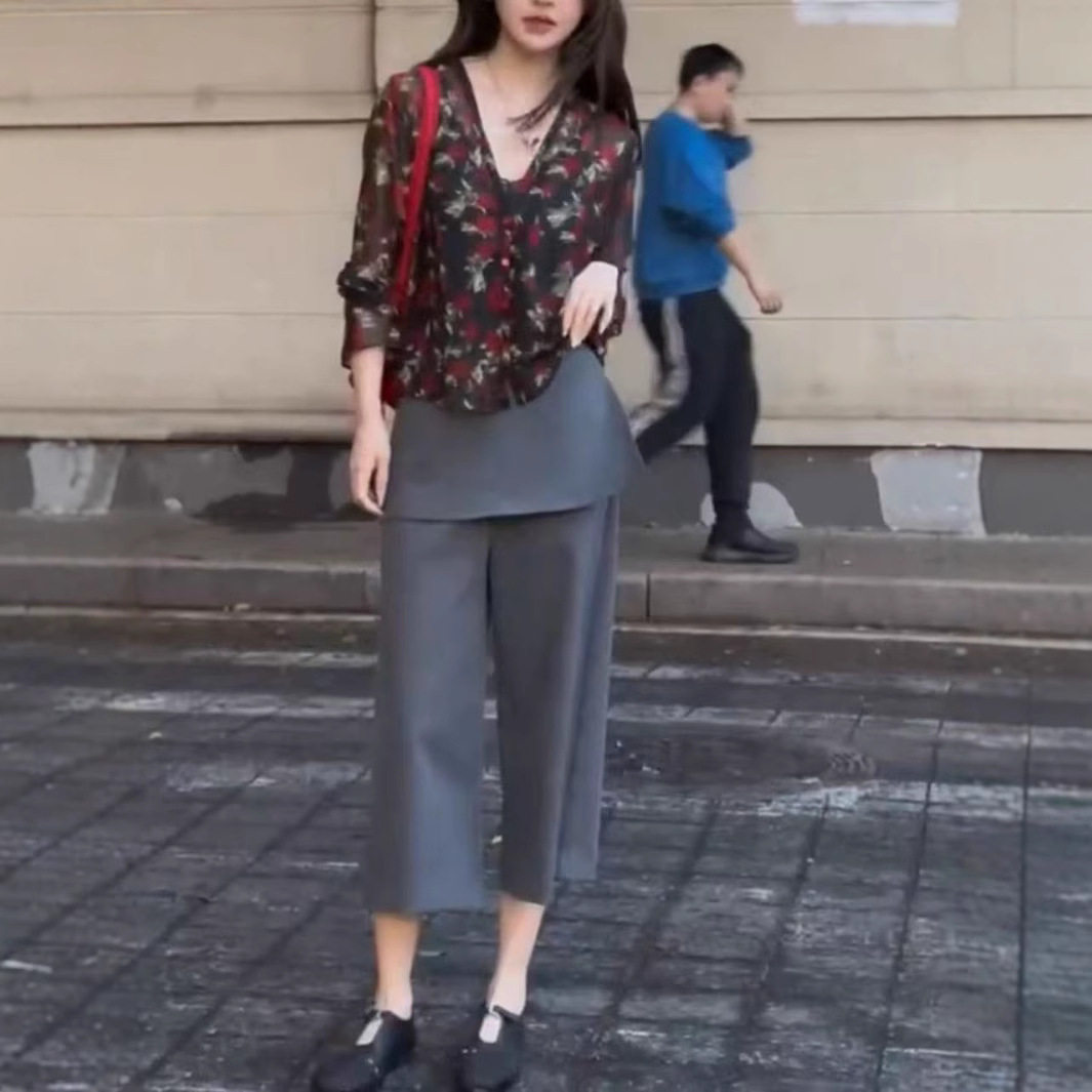 法国coss koko夏季新款长袖防晒花衬衫带屁帘阔腿裤时尚女