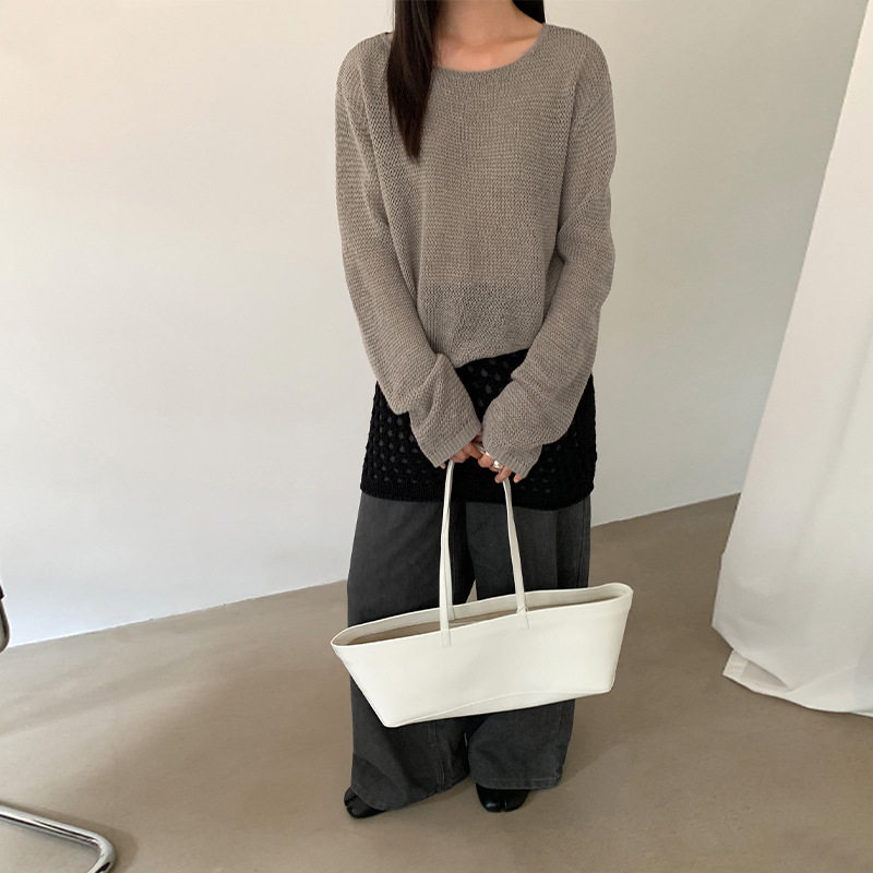 法国cherrykokotg 松弛感宽松显瘦镂空圆领纯色套头针织毛衣女