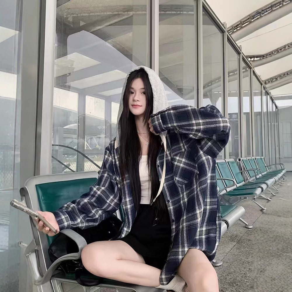 法国cherrykoko格子复古衬衫外套女春秋懒惰开衫设计感港味宽松