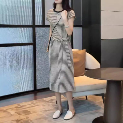 法国coss koko夏季新款时尚条纹连衣裙洋气收腰中长款女裙