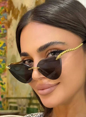 法国coss koko复古猫眼无框太阳镜潮流时尚切边墨镜女金属蛇形