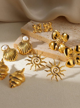 法国coss koko欧美ins风个性百搭贝壳耳环耳饰花朵女