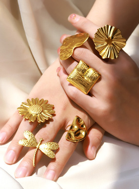 法国coss koko系列戒指熔岩褶皱锤纹设计戒指太阳花心形指环