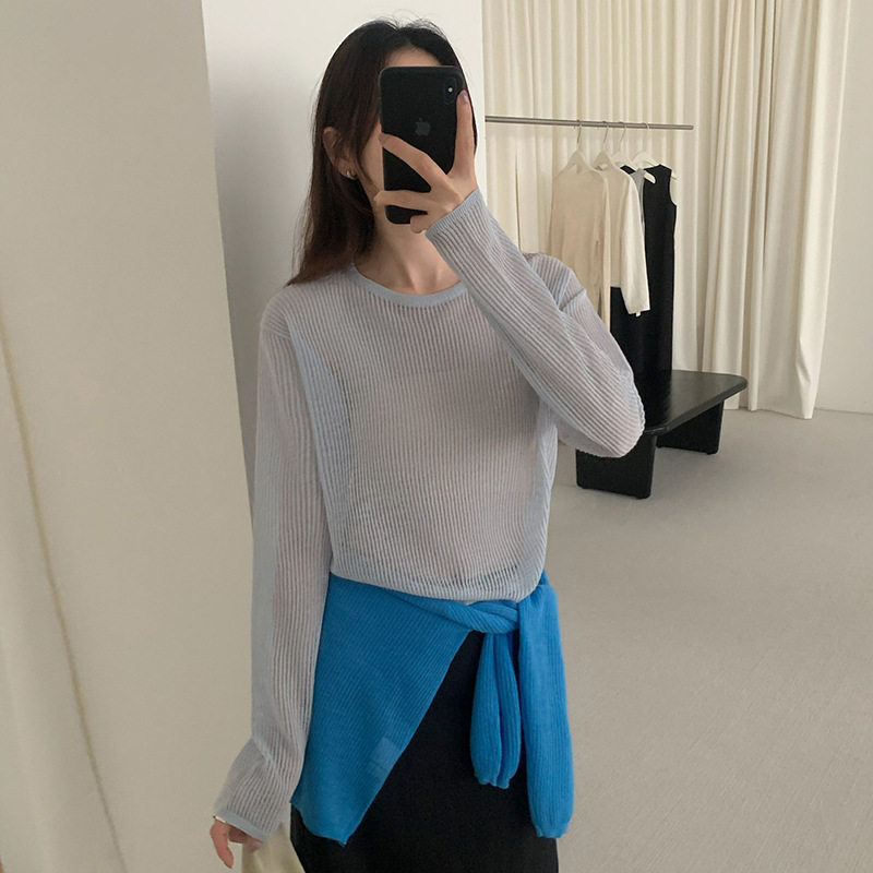 法国cherrykokotg 坑条薄透针织衫女夏季简约纯色套头圆领长袖