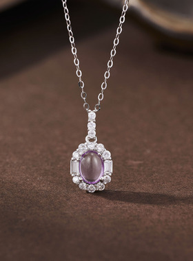 法国coss kokos925银几何形紫水晶蛋面项链女镶嵌紫水晶吊坠欧美
