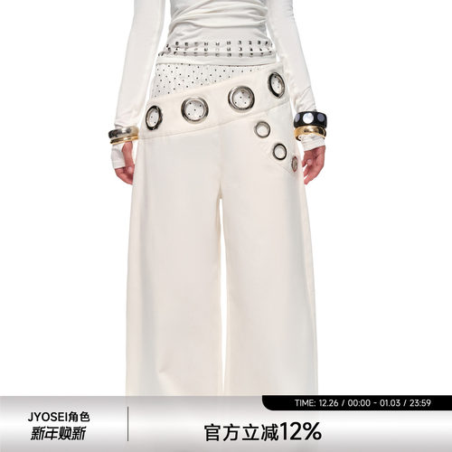 拼接波点假两件宽松气眼工装长裤