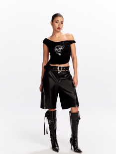 短裤 JYOSEI角色原创黑色低腰宽松pu皮中裤 女侧拉链设计直筒五分裤